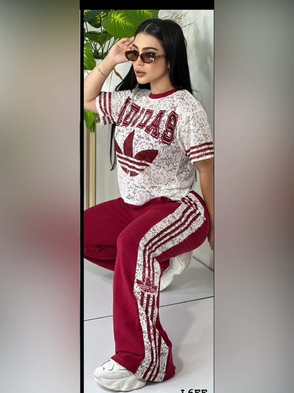 adidas Burgundy Track Joggers with Lace Stripe Detail S/M